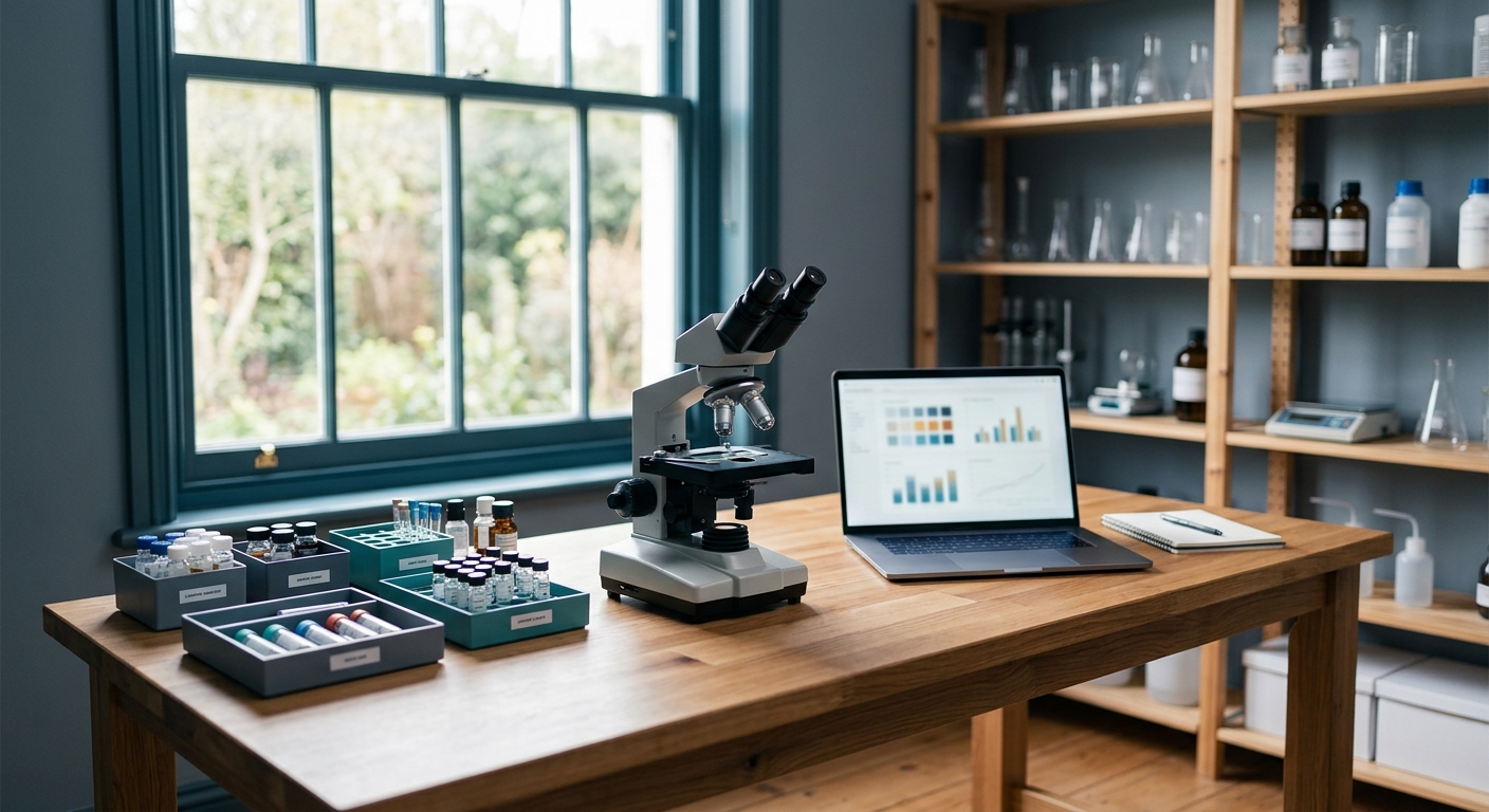 A small, tidy independent laboratory workspace with a microscope and labeled sample trays