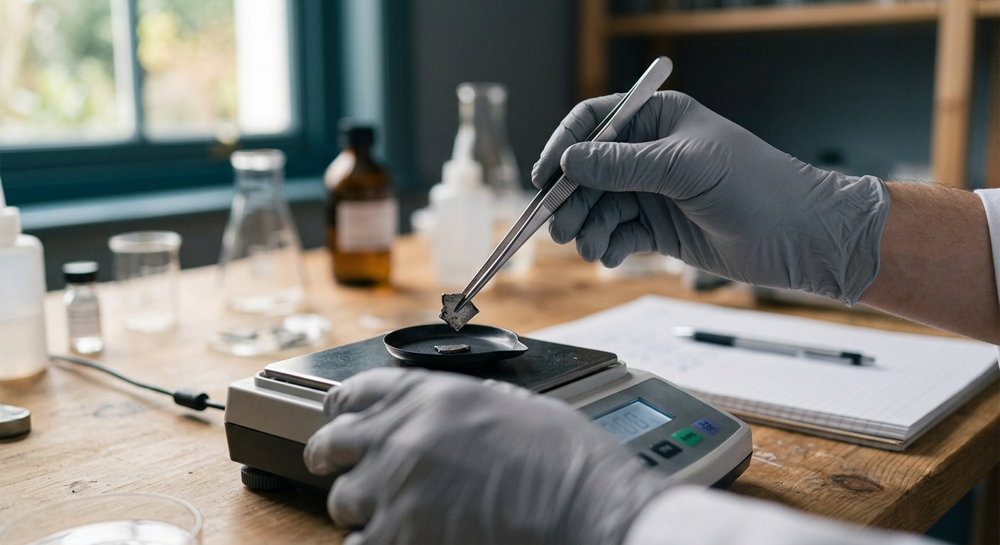 Gloved hands placing a sample fragment onto a lab scale with tweezers