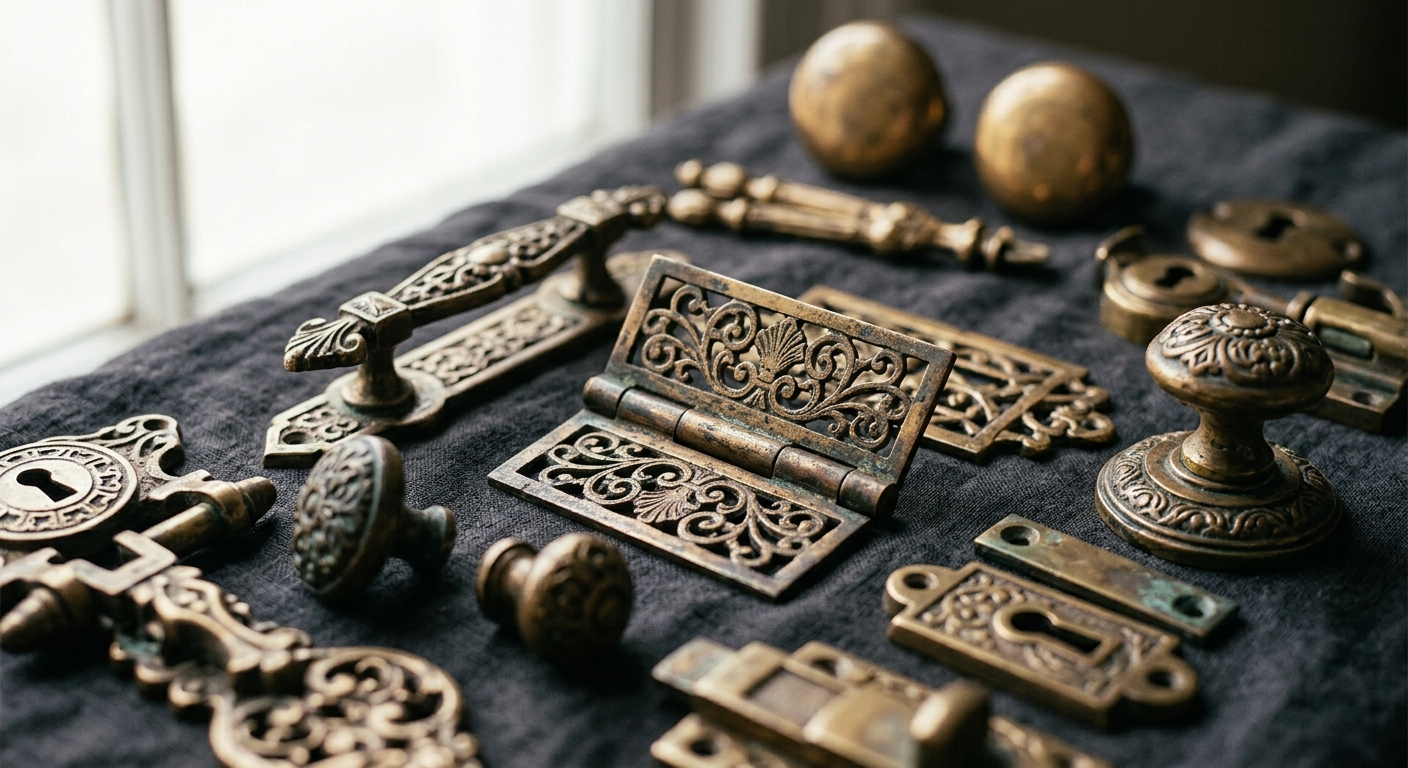 Antique tarnished brass door hinges and fittings