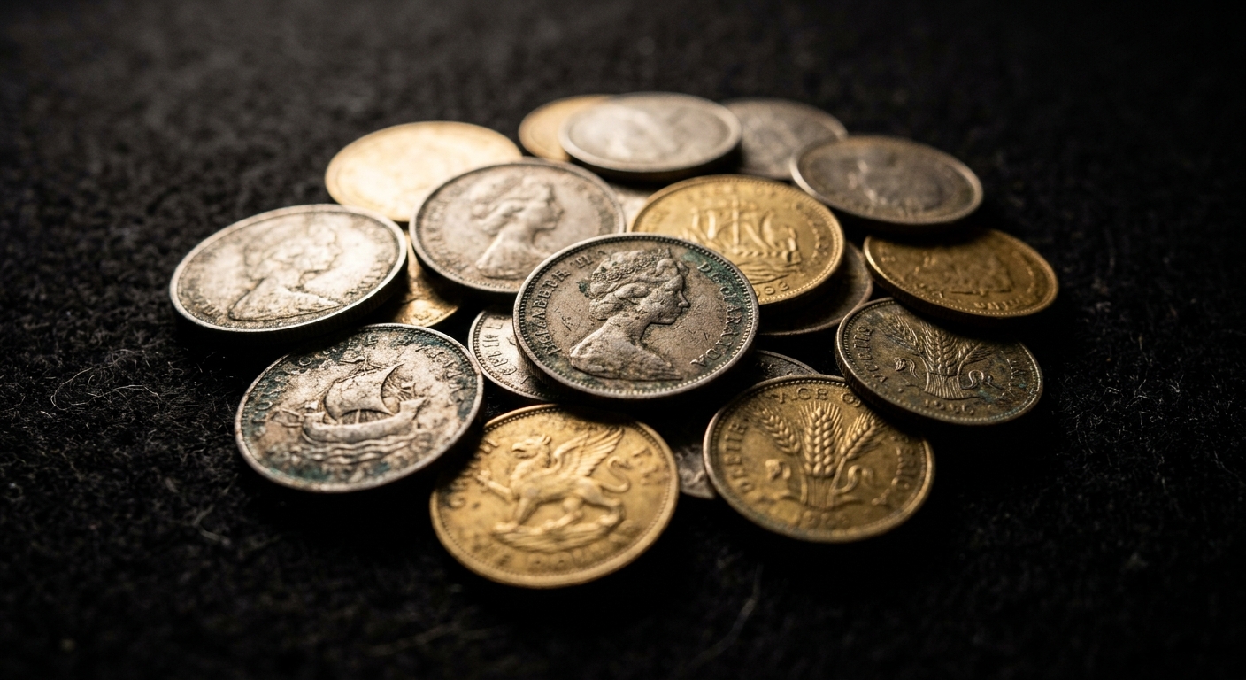 A small pile of old silver and gold-toned coins