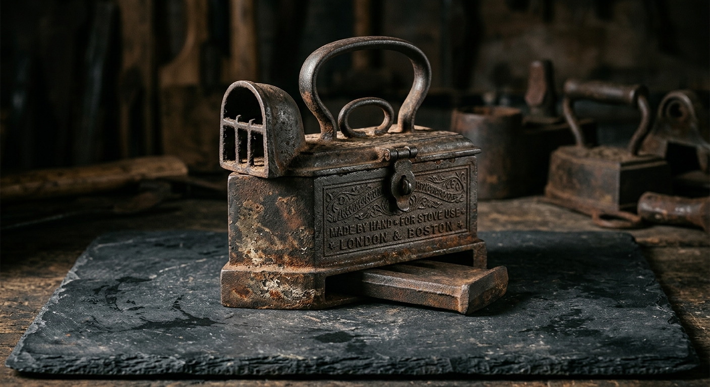 A weathered antique cast-iron box iron