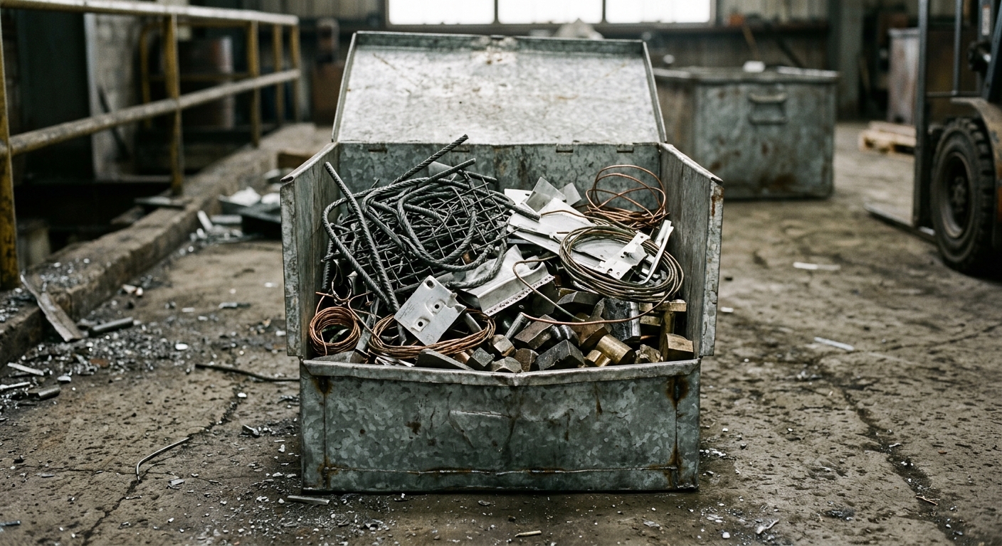 A heap of mixed metal scrap and alloy fragments