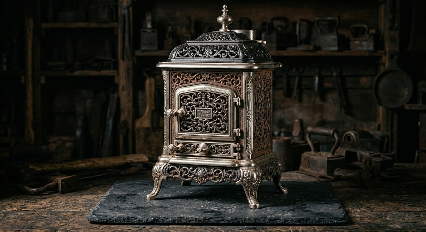 An ornate antique cast-iron parlor stove