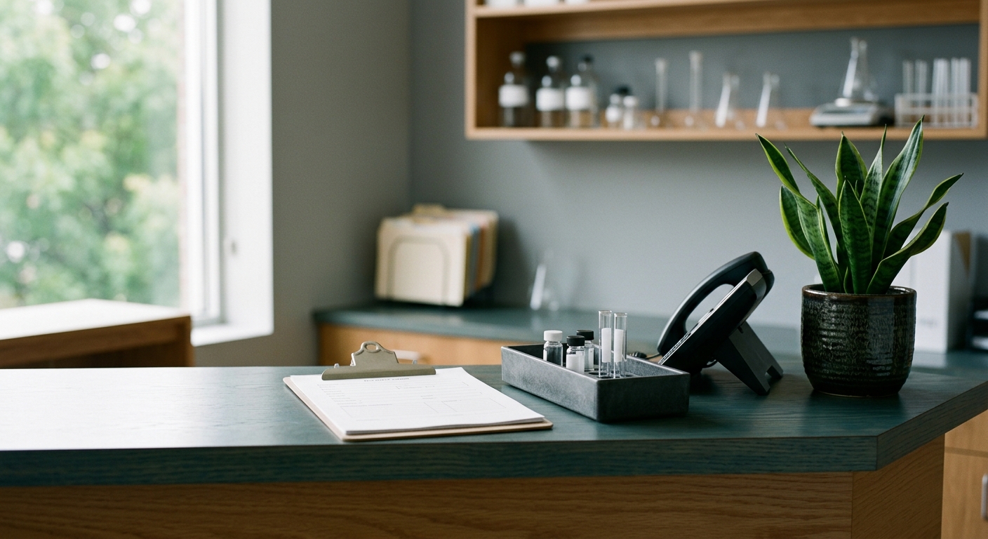 A laboratory reception desk with a sample intake tray and clipboard