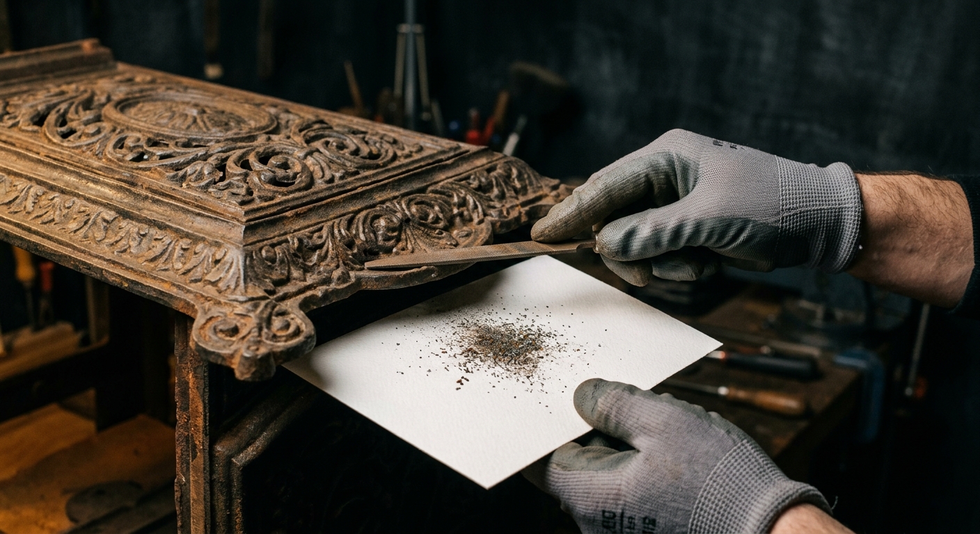 A precision sample scraping being taken from an antique cast-iron stove panel