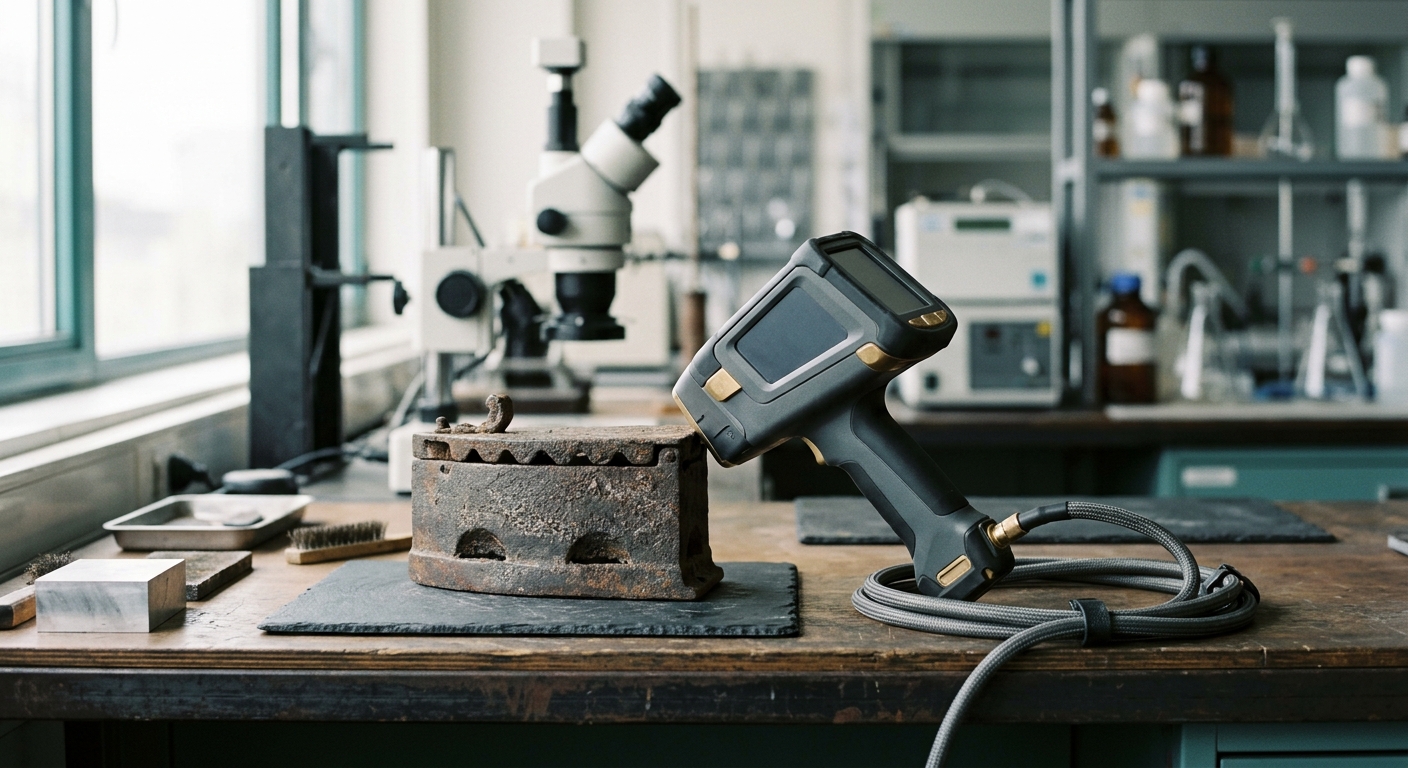 An antique cast-iron sample being scanned with a handheld XRF analyzer on a laboratory bench