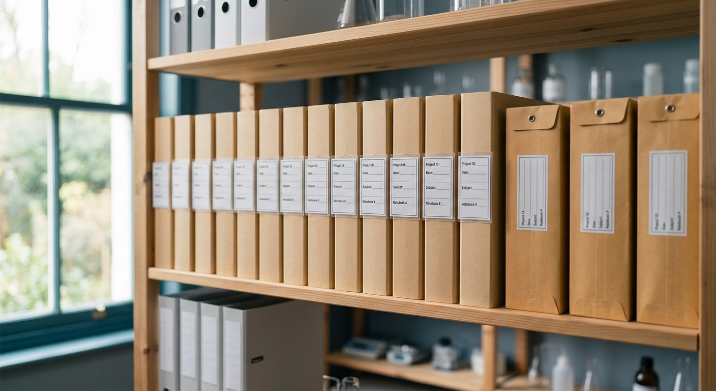 A tidy laboratory records shelf with labeled report folders