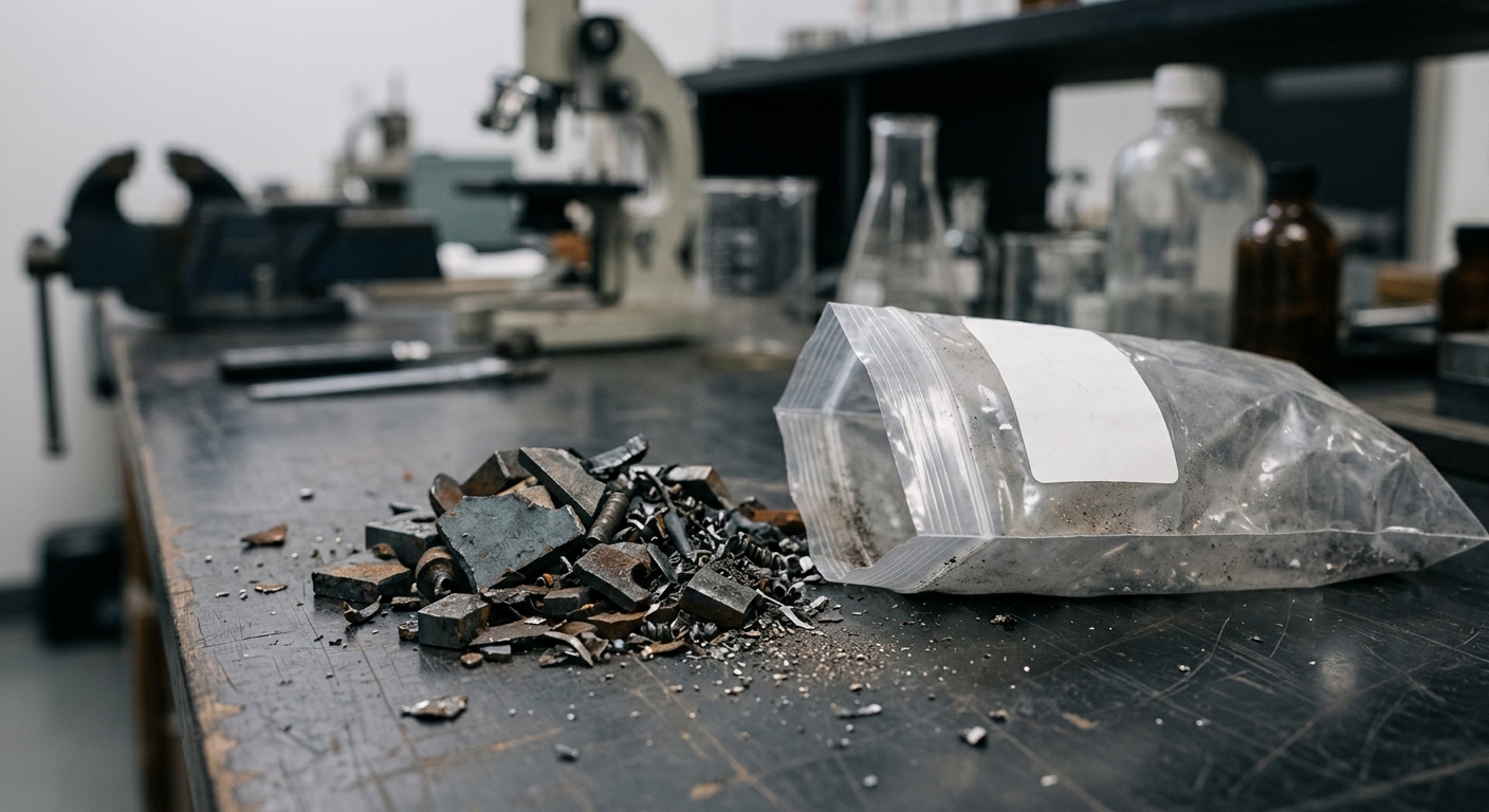 Steel and cast-iron scrap fragments awaiting analysis on a lab bench