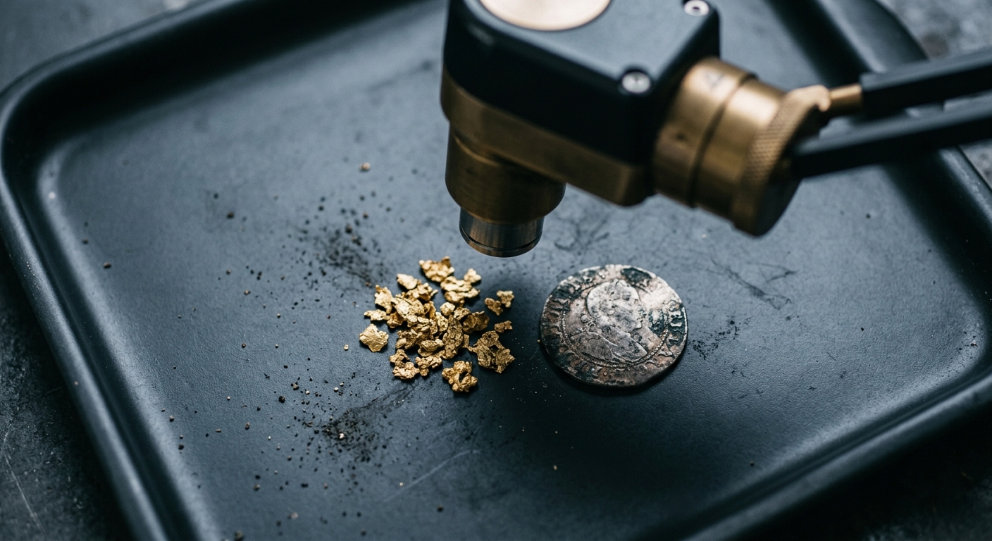 Gold flakes and a silver coin being scanned with an XRF analyzer